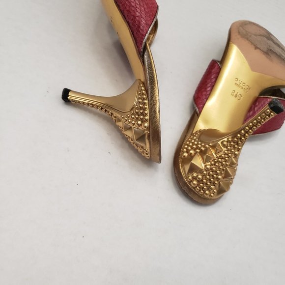 Gorgeous Gucci Runway Python Snakeskin Gold Kitten Heel Red Sandals 8.5 - Picture 4 of 16